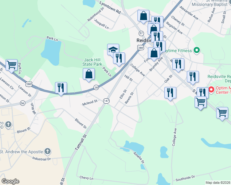 map of restaurants, bars, coffee shops, grocery stores, and more near 165 Tattnall Street in Reidsville