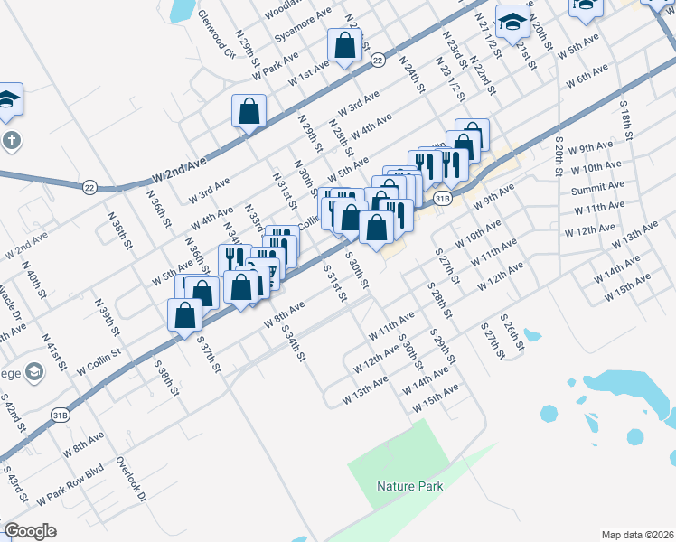 map of restaurants, bars, coffee shops, grocery stores, and more near 315 South 31st Street in Corsicana