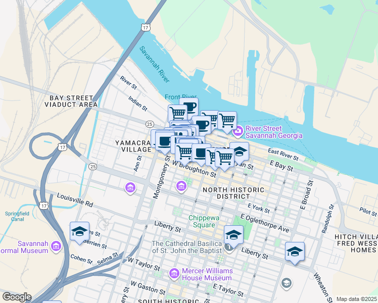 map of restaurants, bars, coffee shops, grocery stores, and more near 204 West Saint Julian Street in Savannah