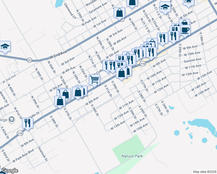 map of restaurants, bars, coffee shops, grocery stores, and more near 315 South 31st Street in Corsicana