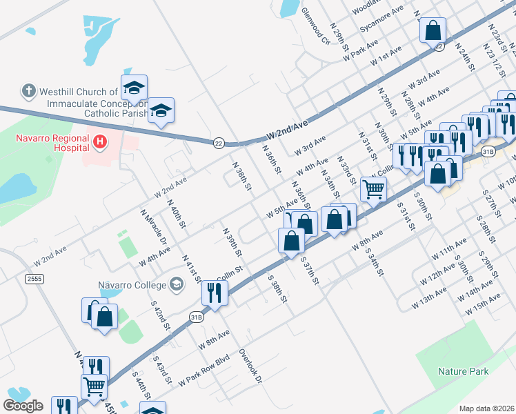 map of restaurants, bars, coffee shops, grocery stores, and more near 213 North 38th Street in Corsicana