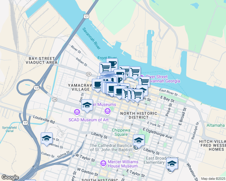 map of restaurants, bars, coffee shops, grocery stores, and more near 204 West Saint Julian Street in Savannah