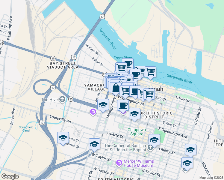 map of restaurants, bars, coffee shops, grocery stores, and more near 30 Montgomery Street in Savannah