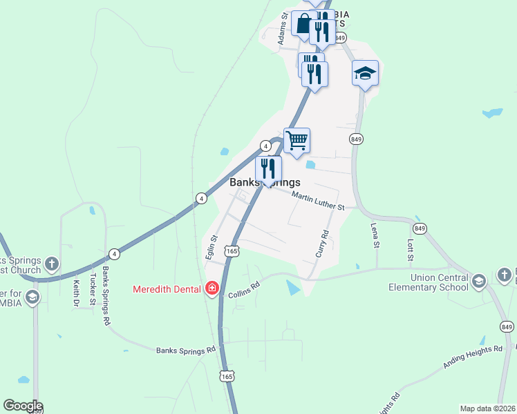 map of restaurants, bars, coffee shops, grocery stores, and more near 7843 U.S. 165 in Columbia