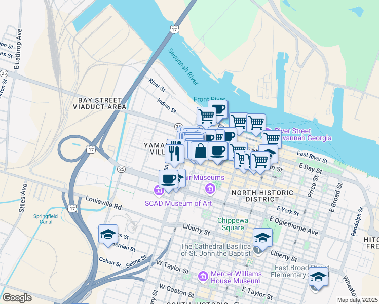 map of restaurants, bars, coffee shops, grocery stores, and more near 63 Martin Luther King Junior Boulevard in Savannah