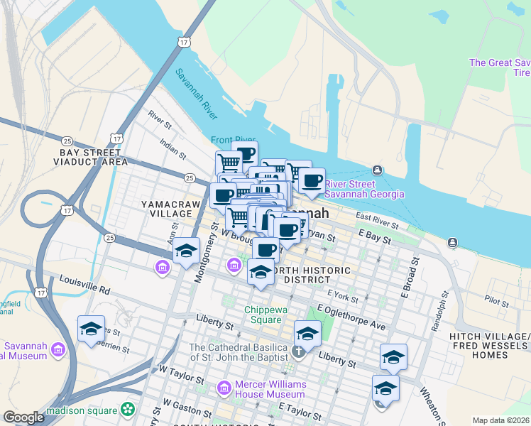 map of restaurants, bars, coffee shops, grocery stores, and more near 16 Barnard Street in Savannah