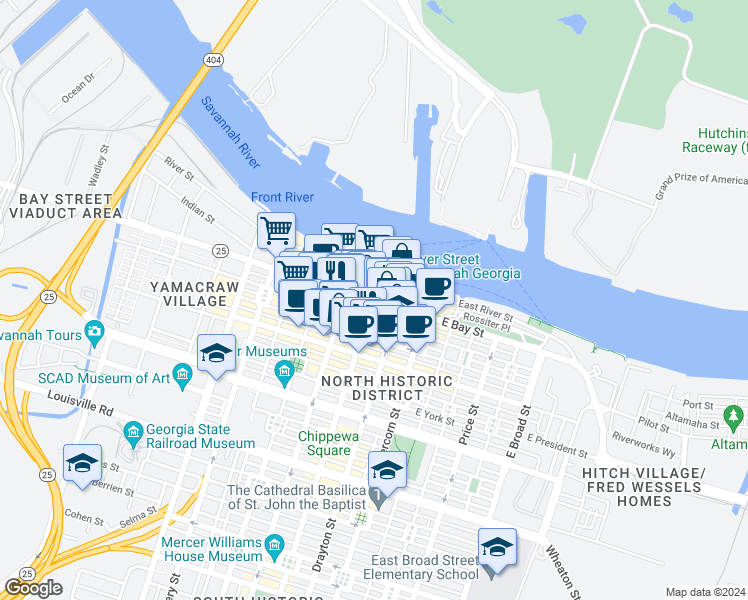 map of restaurants, bars, coffee shops, grocery stores, and more near in Savannah
