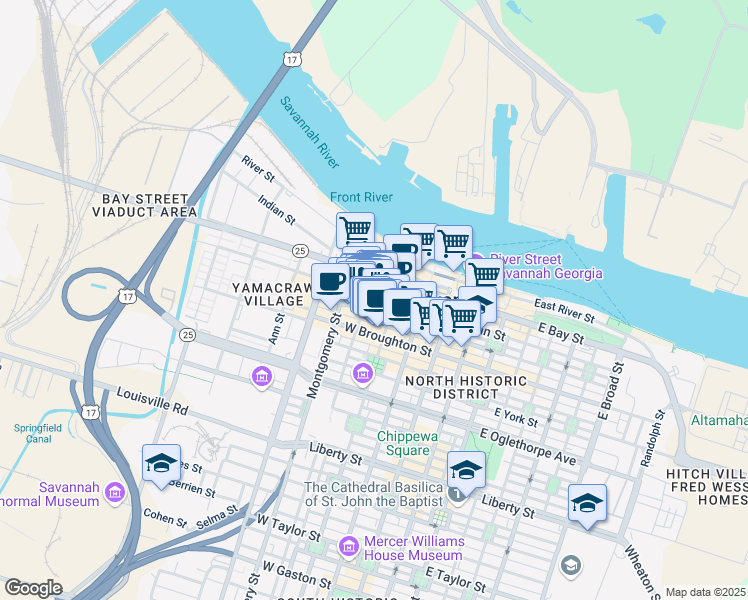 map of restaurants, bars, coffee shops, grocery stores, and more near 27 Barnard Street in Savannah