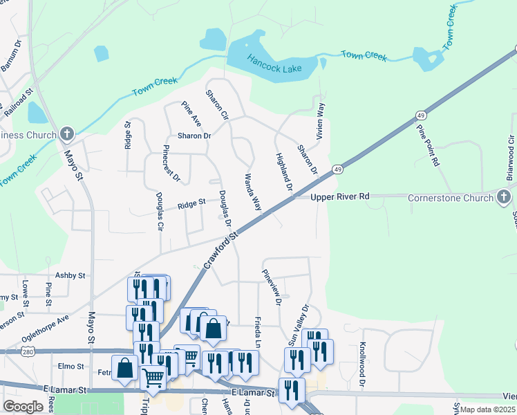 map of restaurants, bars, coffee shops, grocery stores, and more near 1517 Crawford Street in Americus
