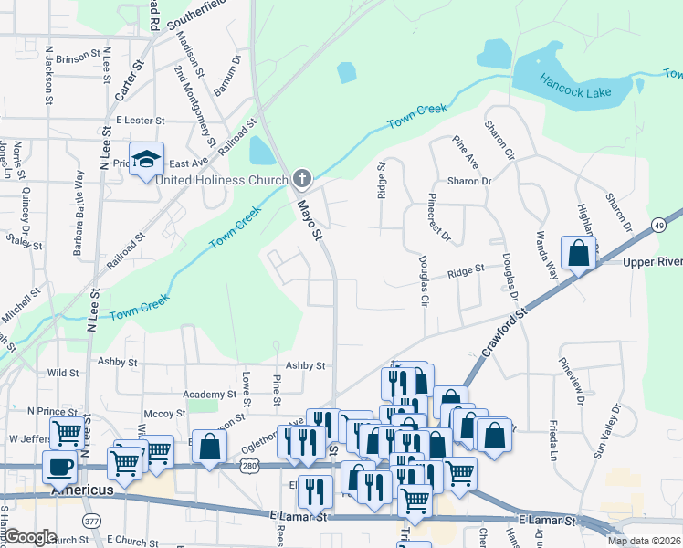 map of restaurants, bars, coffee shops, grocery stores, and more near 513 Mayo Street in Americus