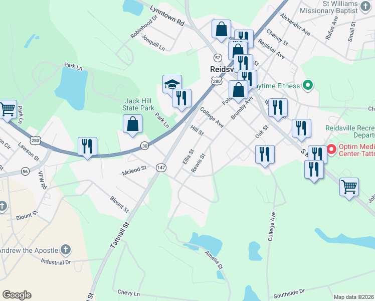 map of restaurants, bars, coffee shops, grocery stores, and more near 165 Tattnall Street in Reidsville