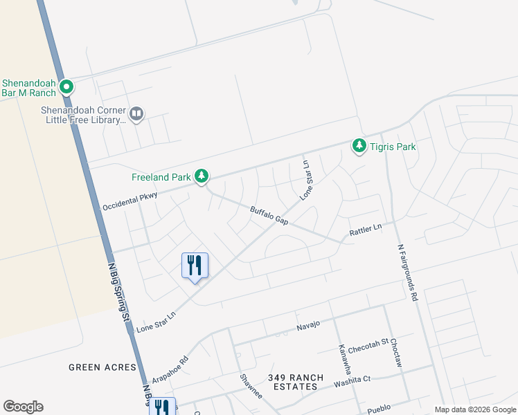 map of restaurants, bars, coffee shops, grocery stores, and more near 6900 Corral Drive in Midland
