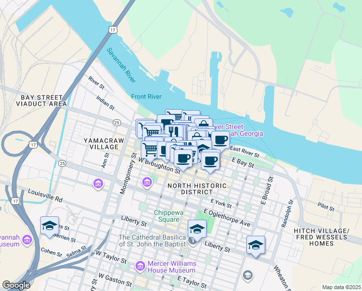 map of restaurants, bars, coffee shops, grocery stores, and more near in Savannah