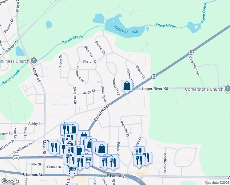 map of restaurants, bars, coffee shops, grocery stores, and more near 1392-1408 Crawford Street in Americus