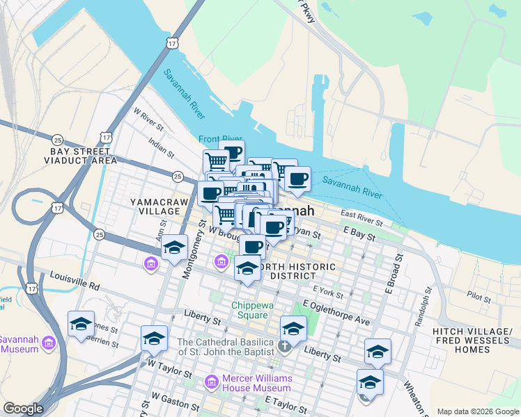 map of restaurants, bars, coffee shops, grocery stores, and more near 22 Barnard Street in Savannah