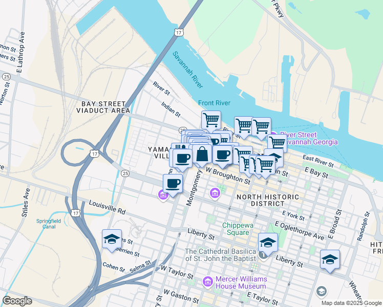 map of restaurants, bars, coffee shops, grocery stores, and more near 41 East Broad Street in Savannah