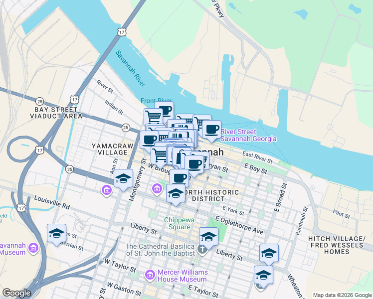 map of restaurants, bars, coffee shops, grocery stores, and more near 5 Whitaker Street in Savannah