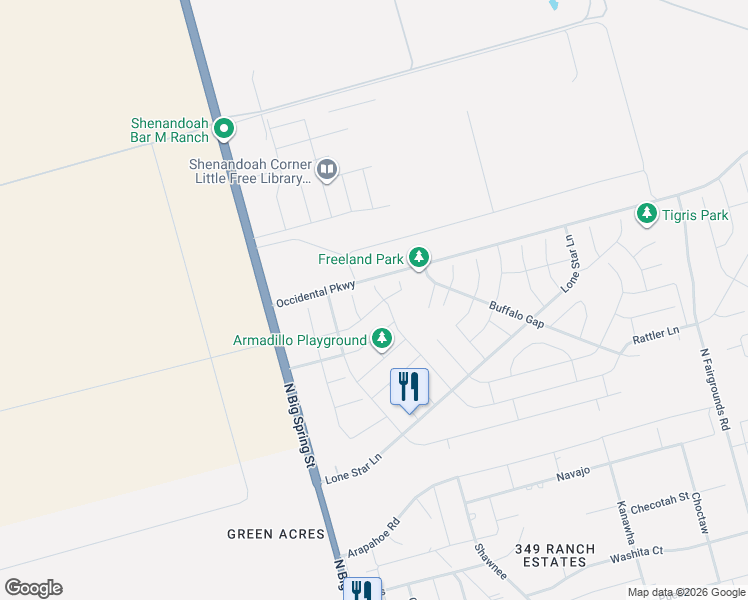 map of restaurants, bars, coffee shops, grocery stores, and more near 1216 Randolph Drive in Midland