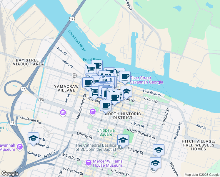 map of restaurants, bars, coffee shops, grocery stores, and more near 22 Barnard Street in Savannah