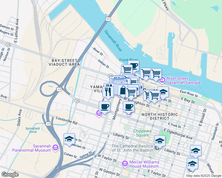 map of restaurants, bars, coffee shops, grocery stores, and more near 63 Martin Luther King Junior Boulevard in Savannah