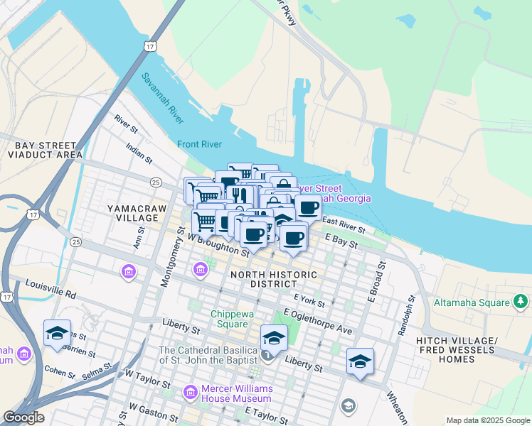 map of restaurants, bars, coffee shops, grocery stores, and more near in Savannah