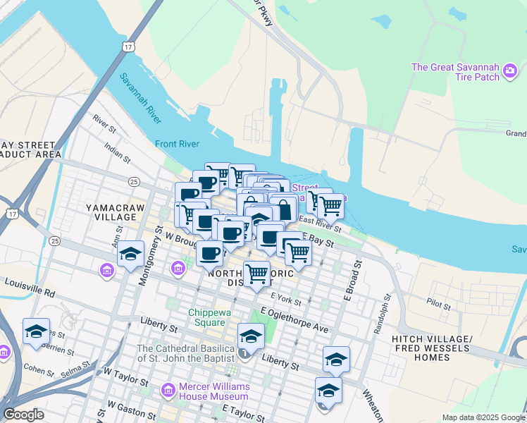 map of restaurants, bars, coffee shops, grocery stores, and more near 120 East Bay Street in Savannah