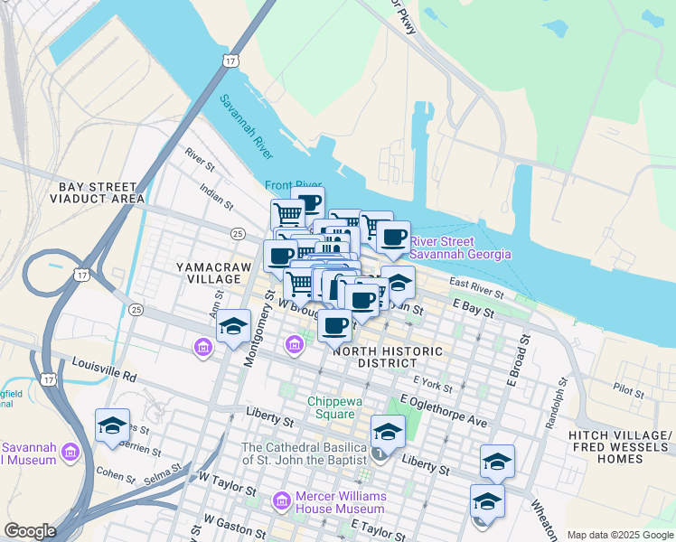 map of restaurants, bars, coffee shops, grocery stores, and more near 22 Barnard Street in Savannah