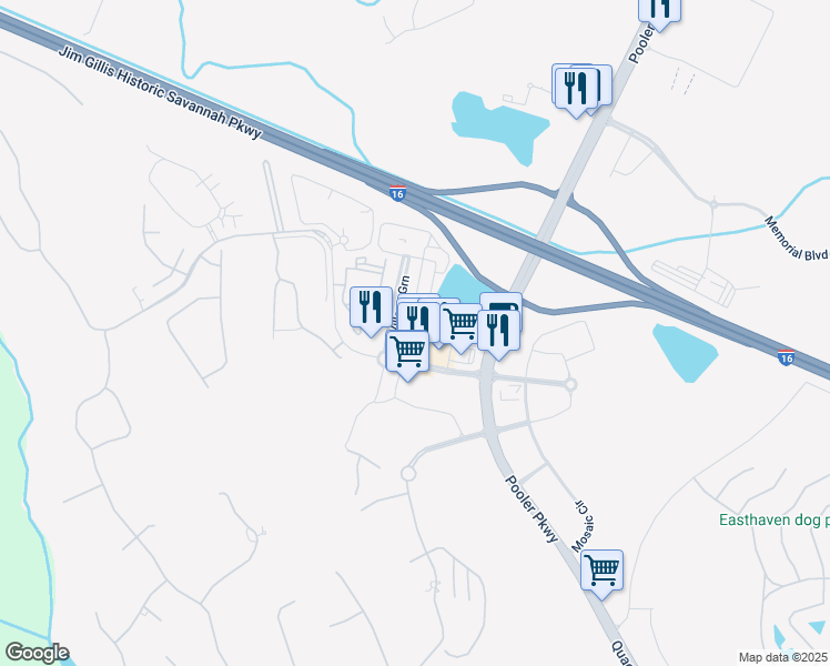 map of restaurants, bars, coffee shops, grocery stores, and more near 220 Village Green in Pooler