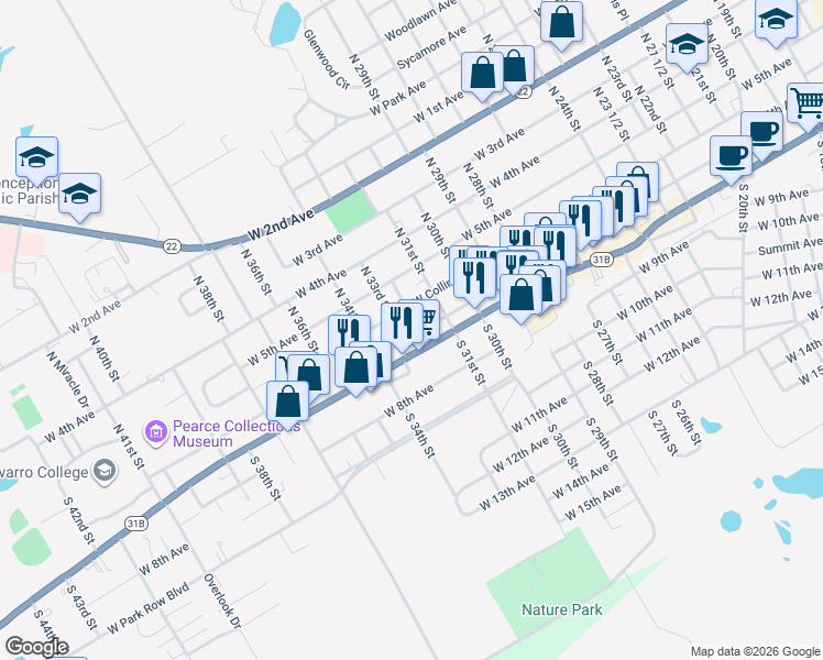 map of restaurants, bars, coffee shops, grocery stores, and more near 120 South 32nd Street in Corsicana