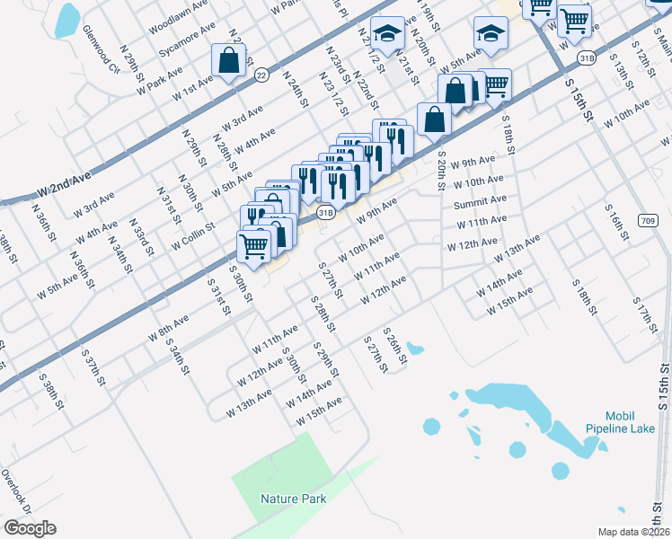 map of restaurants, bars, coffee shops, grocery stores, and more near 1620 West 10th Avenue in Corsicana