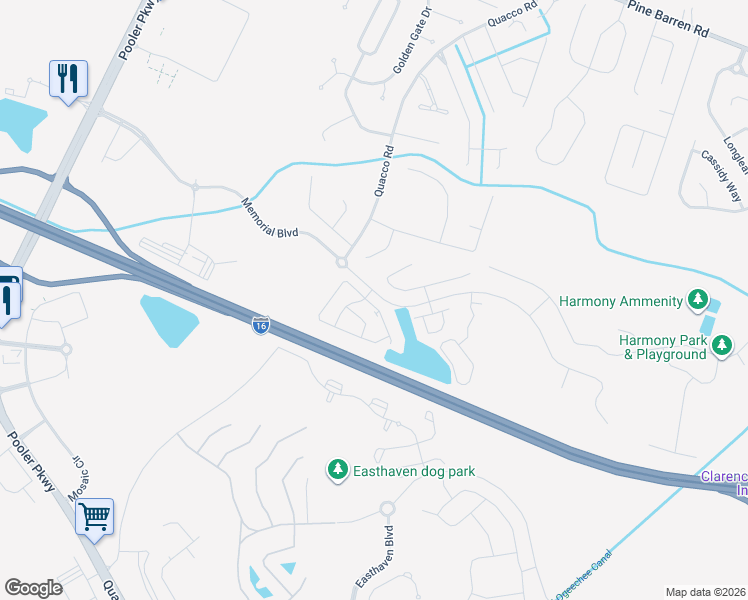 map of restaurants, bars, coffee shops, grocery stores, and more near 45 Tranquil Place in Pooler