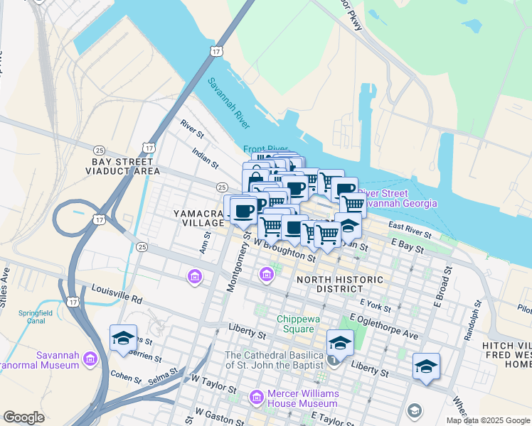 map of restaurants, bars, coffee shops, grocery stores, and more near 9 N Jefferson Street in Savannah