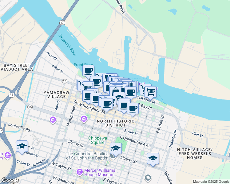 map of restaurants, bars, coffee shops, grocery stores, and more near 13 East River Street in Savannah