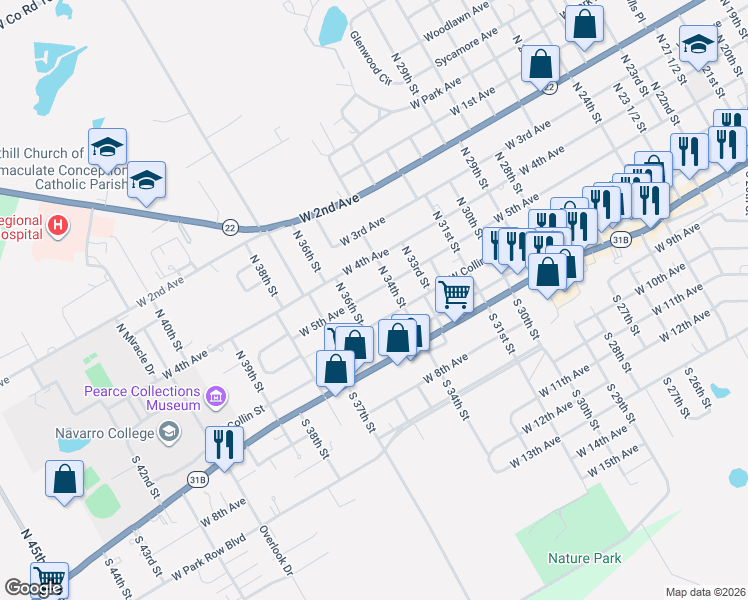map of restaurants, bars, coffee shops, grocery stores, and more near 2520 West 5th Avenue in Corsicana