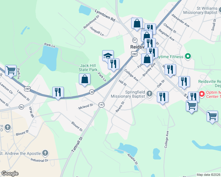 map of restaurants, bars, coffee shops, grocery stores, and more near in Reidsville