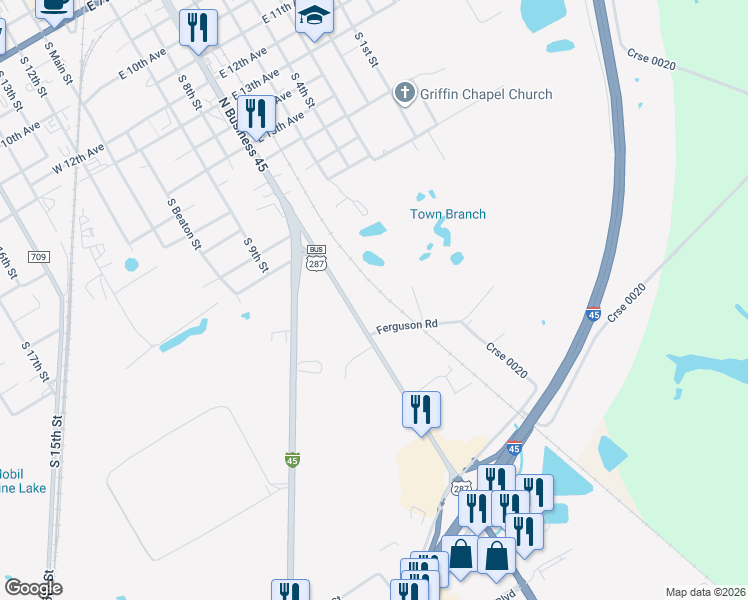 map of restaurants, bars, coffee shops, grocery stores, and more near 600 Ferguson Drive in Corsicana