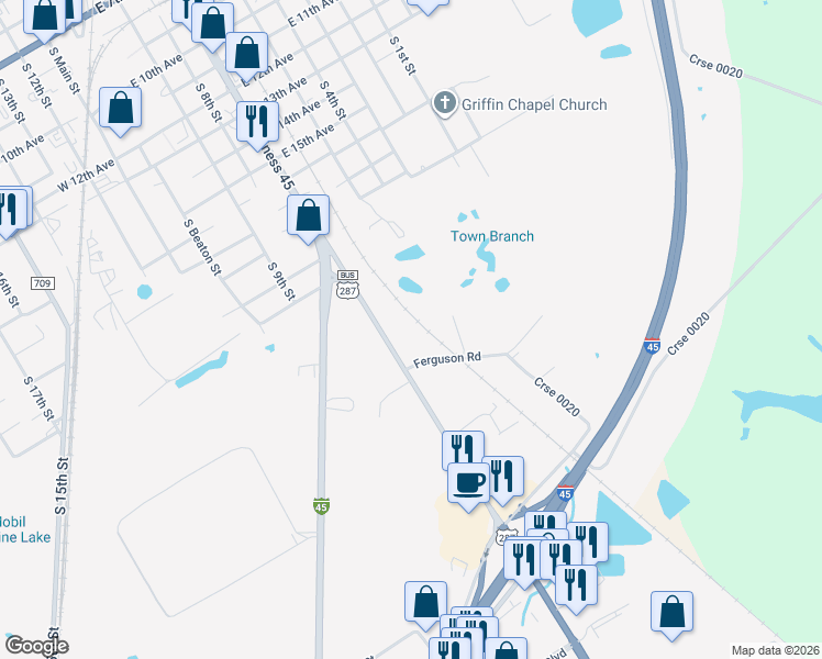 map of restaurants, bars, coffee shops, grocery stores, and more near 600 Ferguson Drive in Corsicana