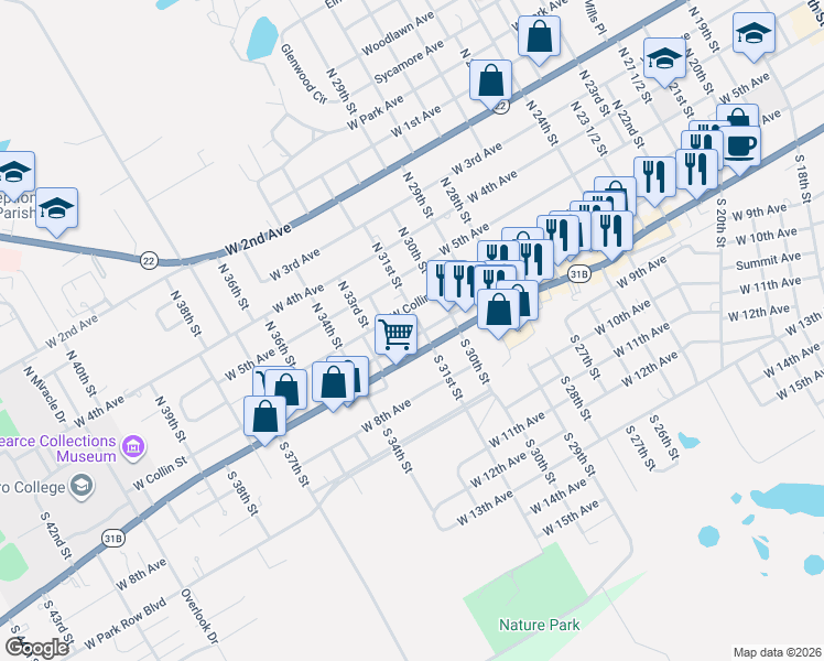 map of restaurants, bars, coffee shops, grocery stores, and more near 110 South 31st Street in Corsicana