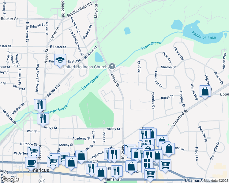 map of restaurants, bars, coffee shops, grocery stores, and more near 609 Eastview Drive in Americus
