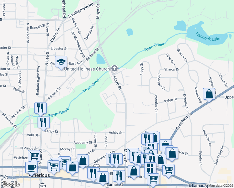 map of restaurants, bars, coffee shops, grocery stores, and more near 609 Eastview Drive in Americus