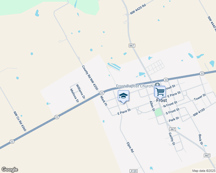 map of restaurants, bars, coffee shops, grocery stores, and more near 612 E State Highway 22 in Frost