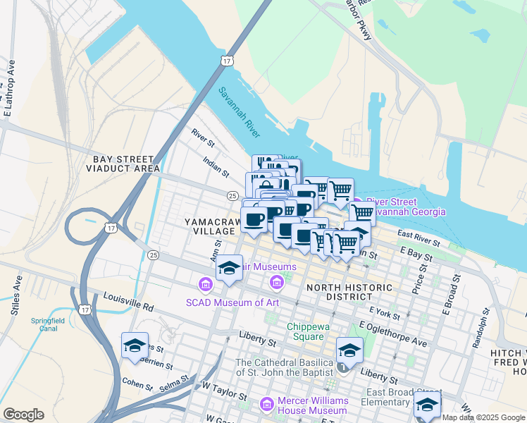 map of restaurants, bars, coffee shops, grocery stores, and more near 11 Montgomery Street in Savannah