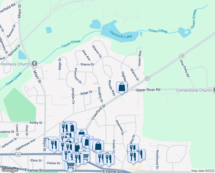 map of restaurants, bars, coffee shops, grocery stores, and more near 230 Wanda Way in Americus