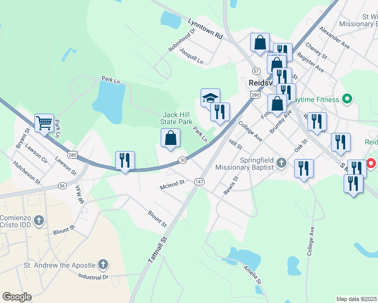map of restaurants, bars, coffee shops, grocery stores, and more near 204 West Brazell Street in Reidsville