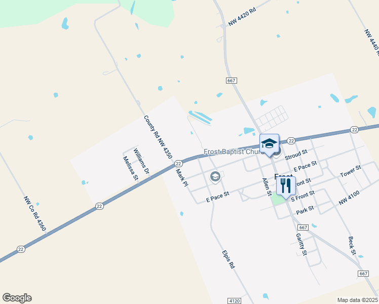 map of restaurants, bars, coffee shops, grocery stores, and more near 612 E State Highway 22 in Frost