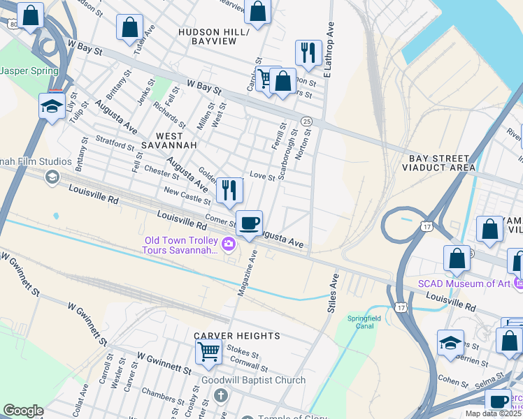 map of restaurants, bars, coffee shops, grocery stores, and more near 256 Ferrill Street in Savannah