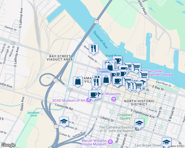 map of restaurants, bars, coffee shops, grocery stores, and more near 575 West Bryan Street in Savannah