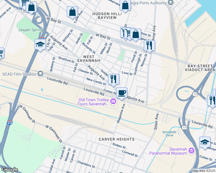 map of restaurants, bars, coffee shops, grocery stores, and more near 311 Portland Street in Savannah