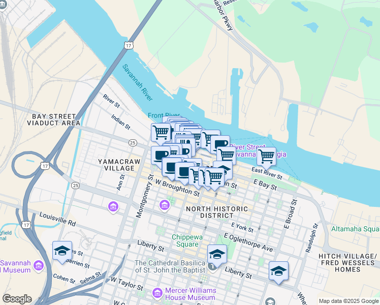 map of restaurants, bars, coffee shops, grocery stores, and more near 125 West River Street in Savannah