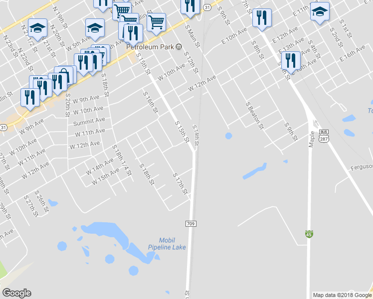 map of restaurants, bars, coffee shops, grocery stores, and more near 1018 South 15th Street in Corsicana
